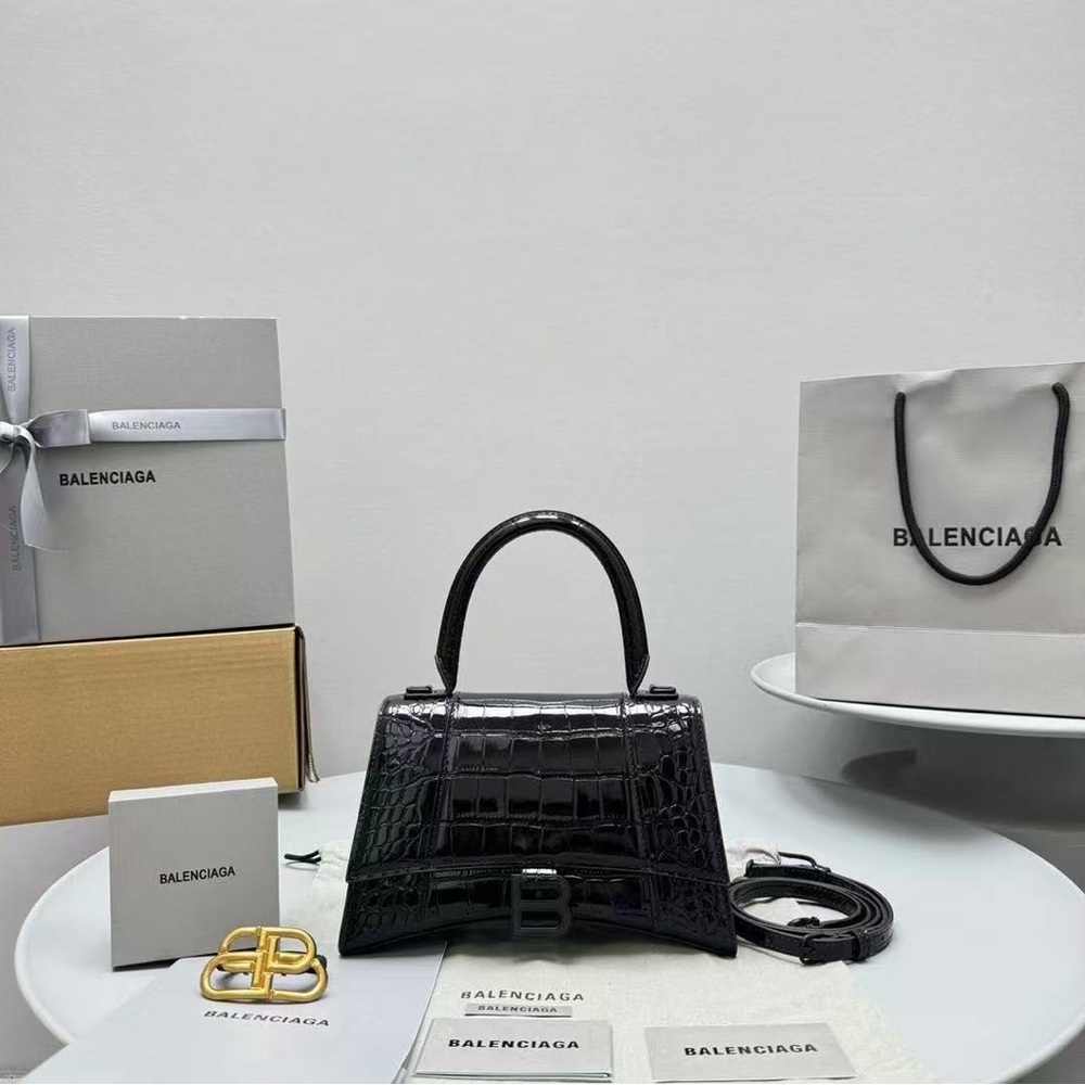 Balenciaga HOURGLASS SMALL HANDBAG CROCODILE EMBOSSED IN BLACK